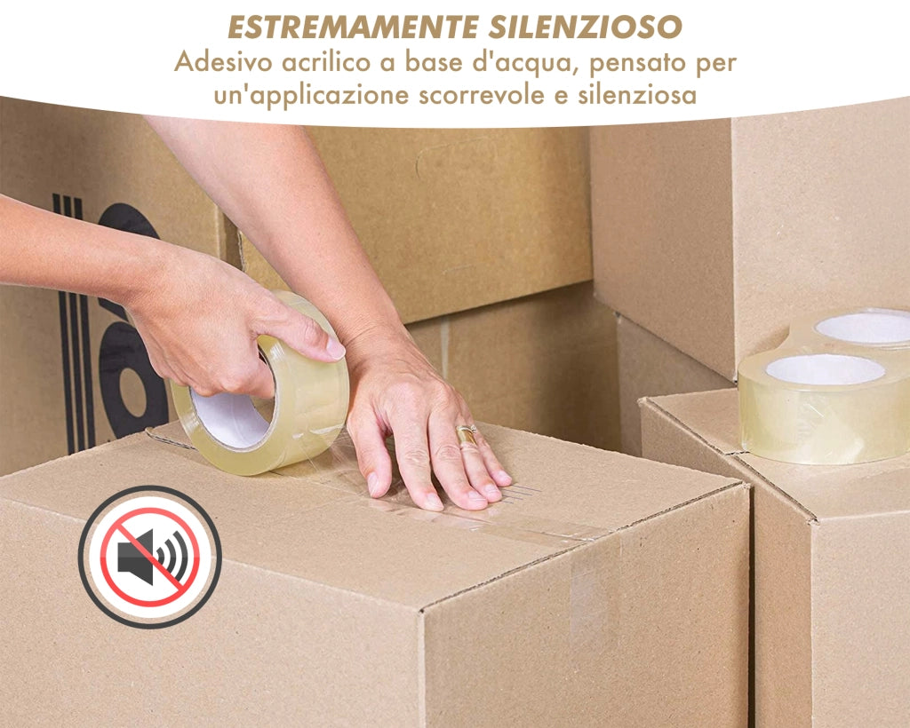 Nastro Adesivo Da Imballaggio Pacchi 50mm x 66 Metri Acrilico Resistente All'Acqua Silenzioso Sigilla Spedizioni Protezione Per Trasloco Prodotto Italiano Trasparente - 24 Rotoli