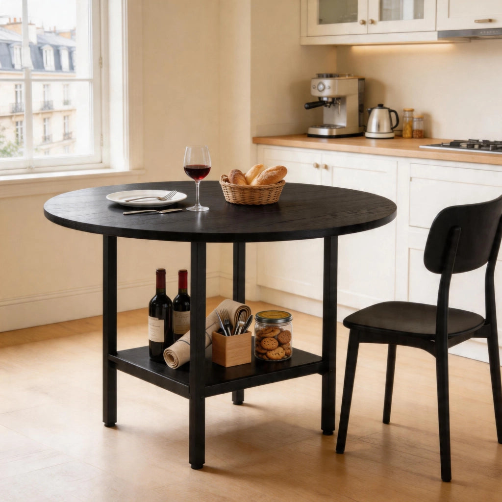 Tavolo rotondo da pranzo con ripiano portaoggetti 100 cm nero in MDF e metallo per 4-6 persone
