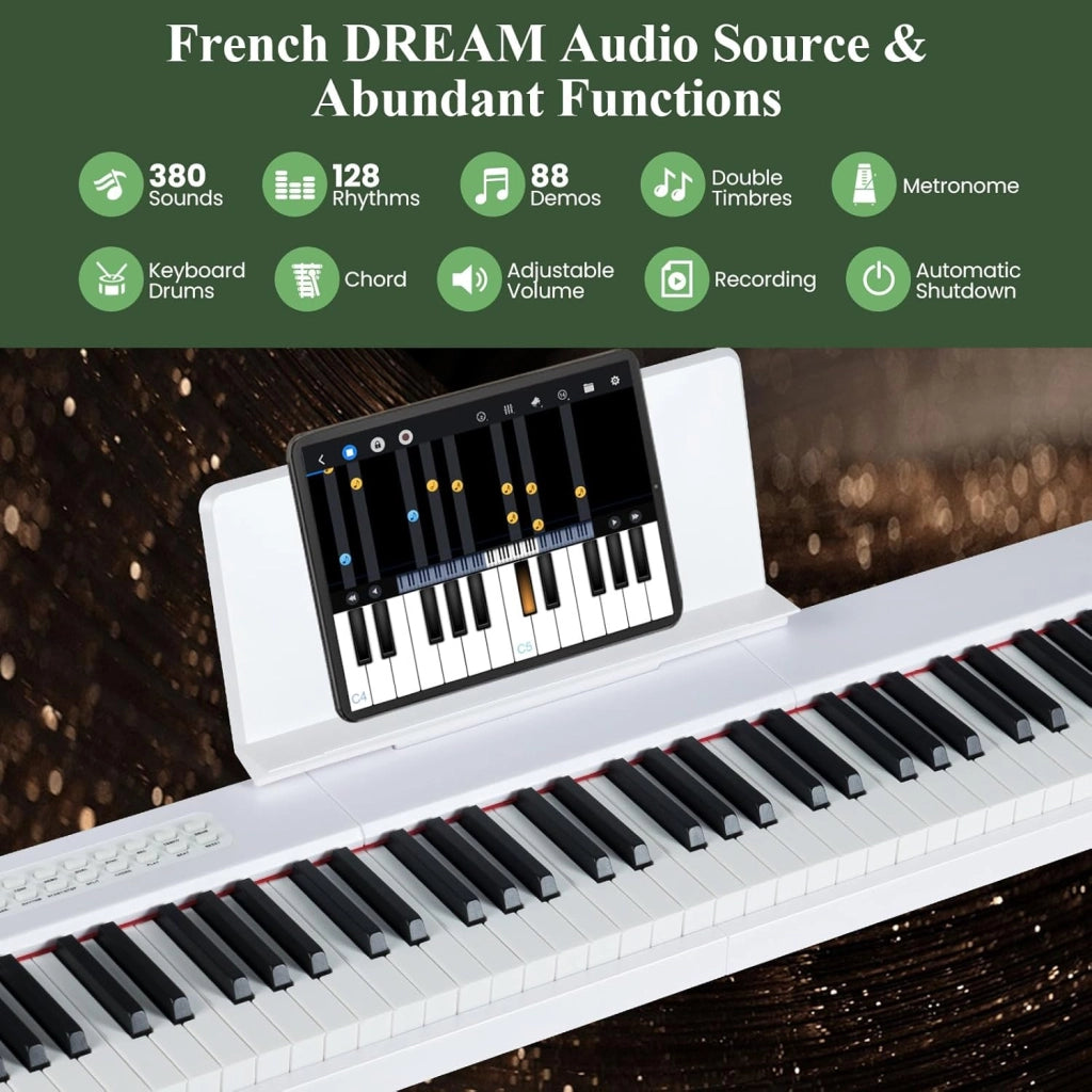 Pianoforte digitale a 88 tasti, tastiera per pianoforte con 380 suoni, 128 ritmi, 88 demo, MIDI, pedale, pianoforte elettrico portatile con supporto per musica, borsa da trasporto (bianco)