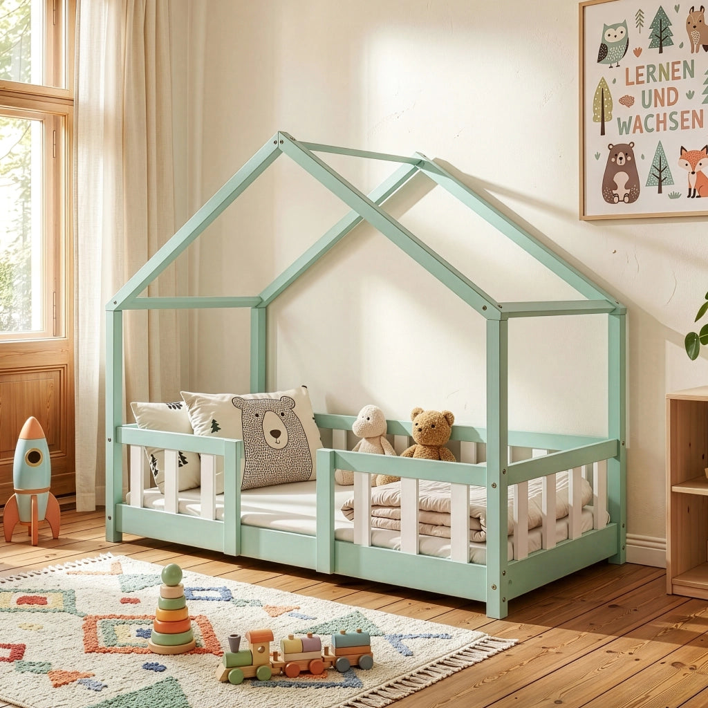 Letto per Cameretta Treviolo a Forma di Casetta in Stile Montessori 70x140 cm Menta Verde/Bianco [en.casa]