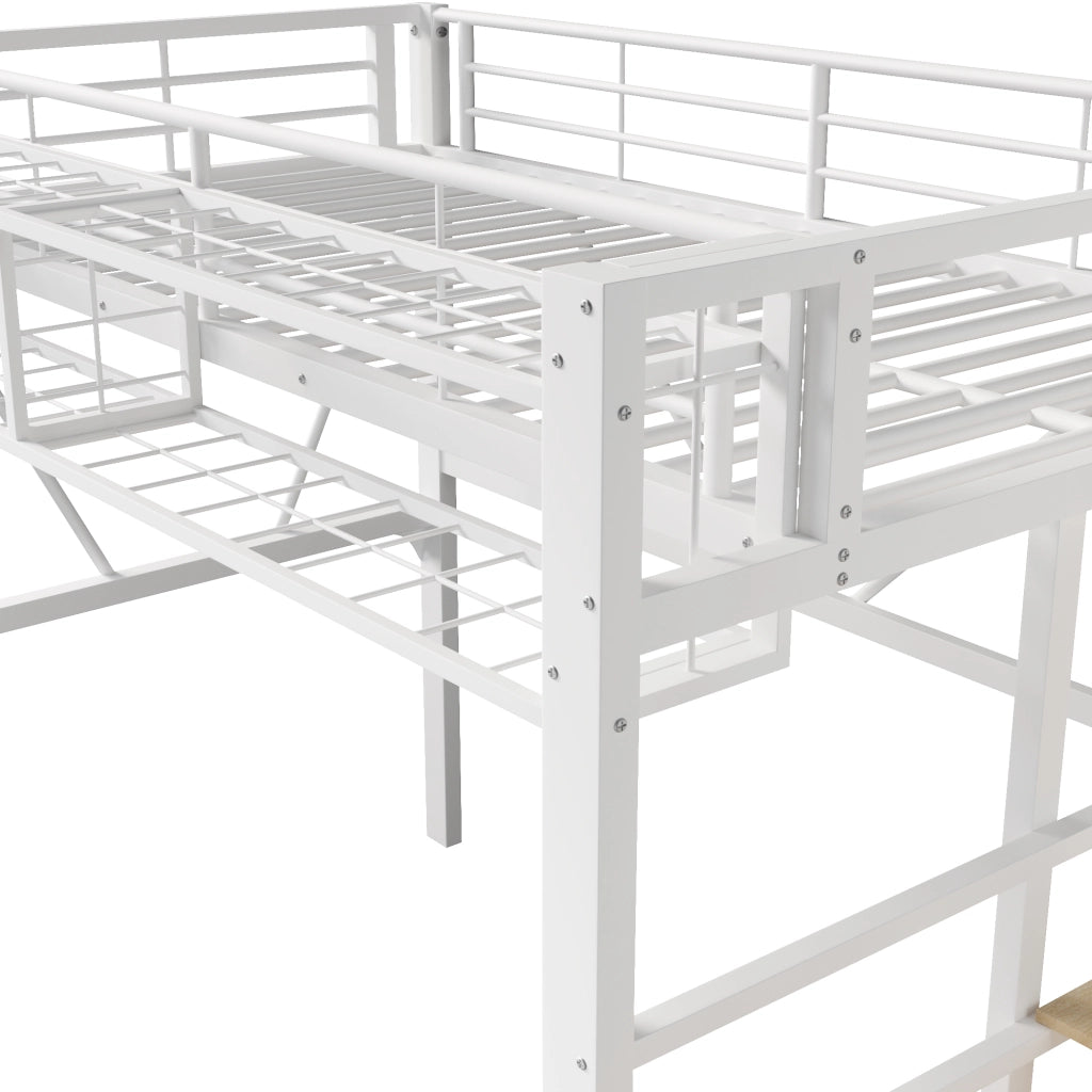 Letto a soppalco 90 x 200 cm, struttura in metallo, ripiano, luce a LED, bianco