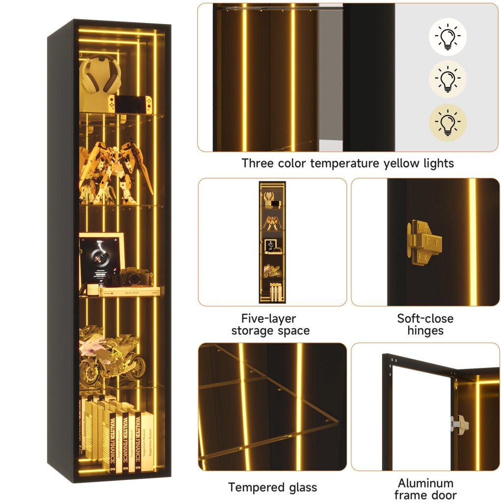 Vetrina in vetro temperato 30x30x160 cm con LED; 5 ripiani regolabili; MDF e alluminio; nera