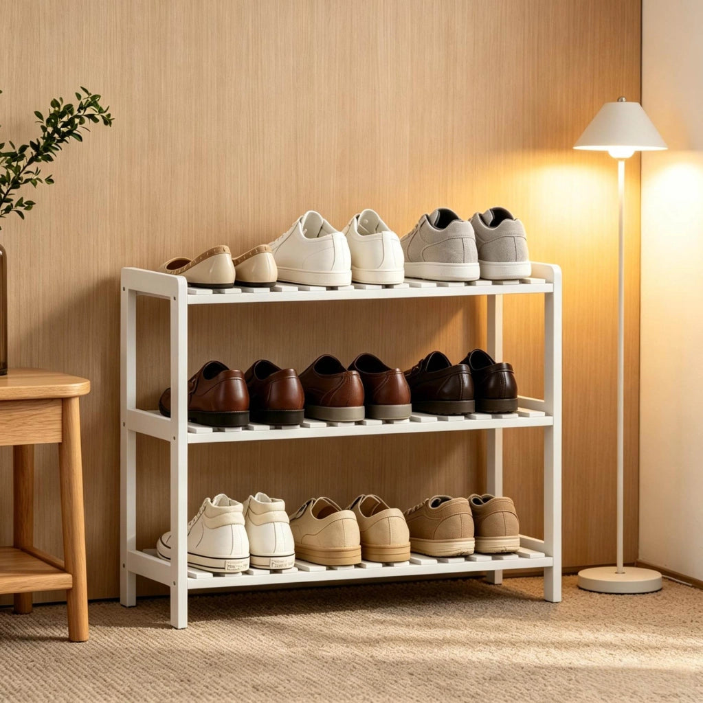 Scarpiera 70x26x57,5 cm bianca in MDF e legno, 3 ripiani