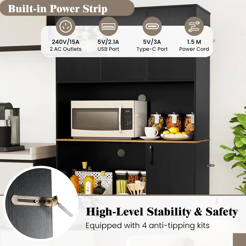 Credenza Alta da Cucina con Stazione di Ricarica, Armadio a Buffet con Ante e Piano di Lavoro, Mobile Dispensa in Legno, per Sala da Pranzo, Soggiorno, Bagno, 100 x 40 x 180 cm (Nero)