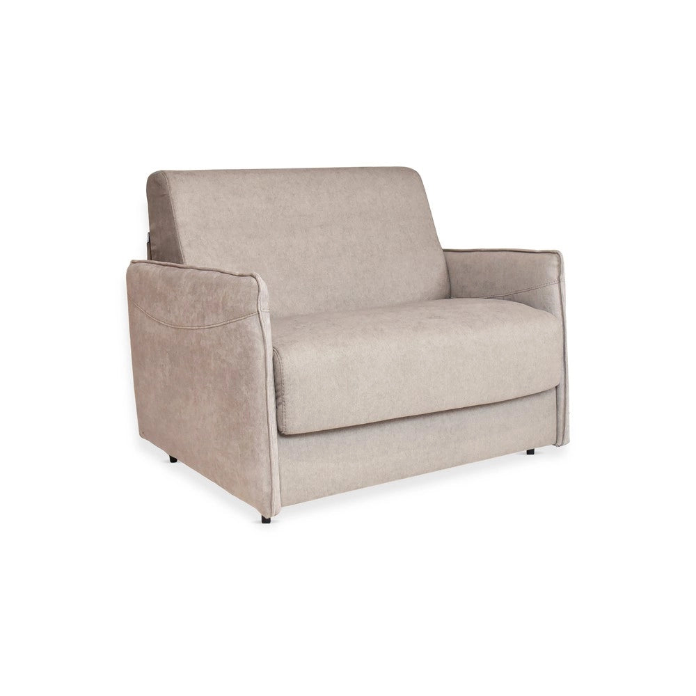 Poltrona letto Piri beige chiaro con rete elettrosaldata e materasso – Il comfort che si apre al bisogno