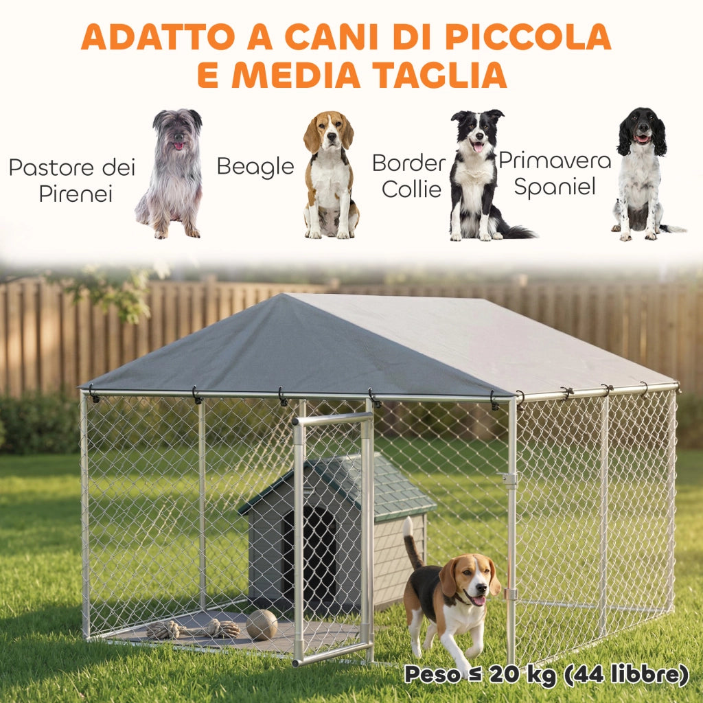 Recinto per Cani da Esterno in Acciaio Zincata con Tetto in PE. Anti-UV. Impermeabile. Doppia Chiusura. Argento