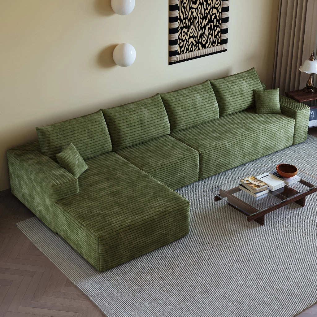 Divano ad angolo modulare con chaise longue e schiuma ad alta elasticità senza montaggio in tessuto verde