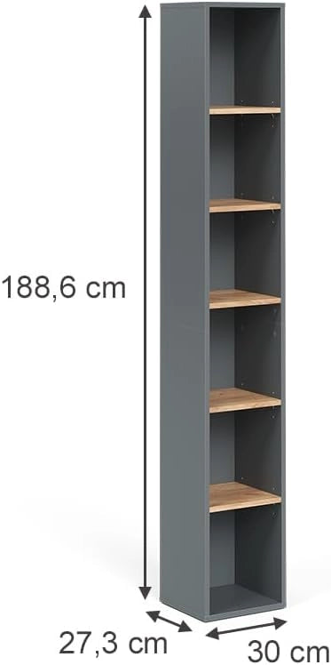 Mobile alto Viktor, Antracite/quercia dorata, 30 x 188.6 cm, utilizzabile per la conservazione verticale di accessori da bagno