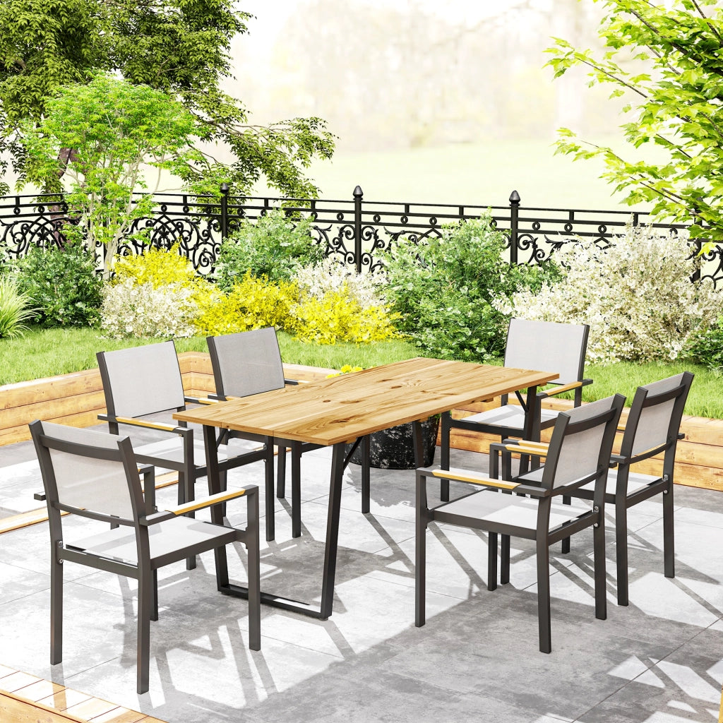 Tavolo da Giardino Rettangolare a 6 Posti con Foro per Ombrellone, Legno e Acciaio, 175x80x75 cm, Marrone