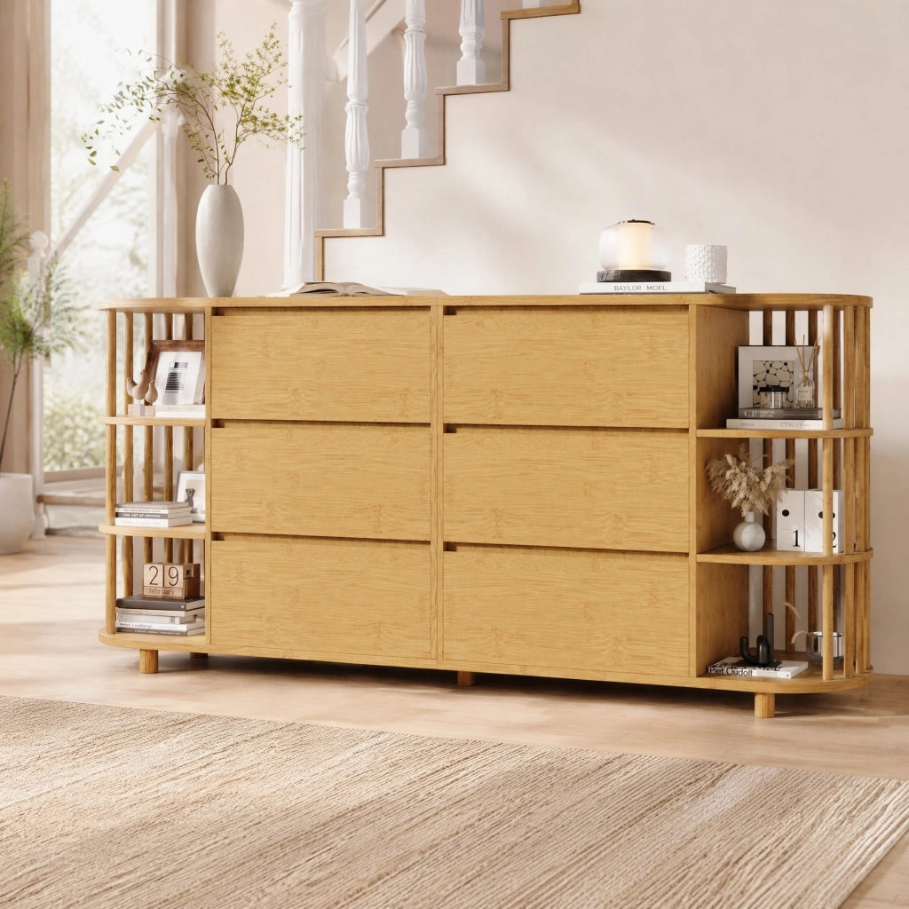Comò Sideboard 160x40x75 cm in Eiche, design rétro con colonne, 6 cassetti e ripiani aperti, gambe regolabili