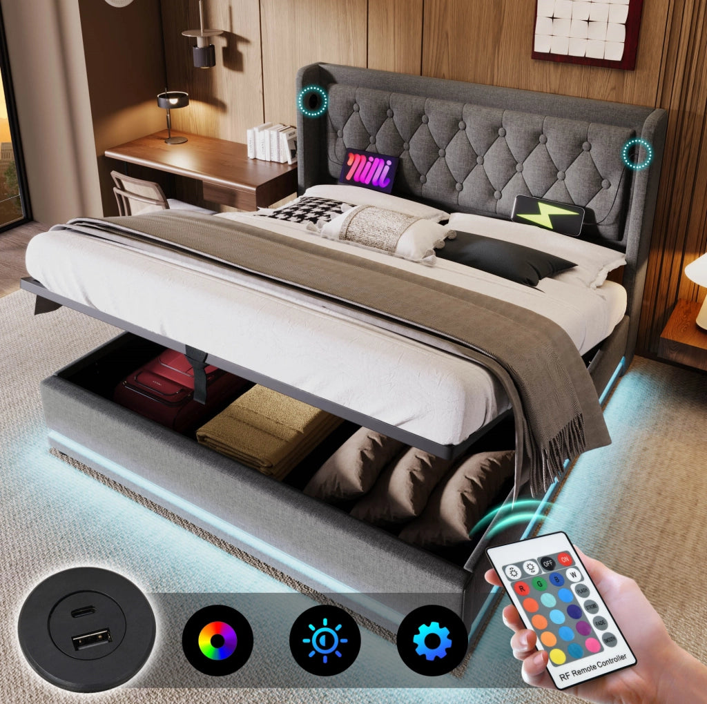 Letto contenitore ULEVR 180x200 cm grigio in cotone con LED 3 lati, USB e Type-C
