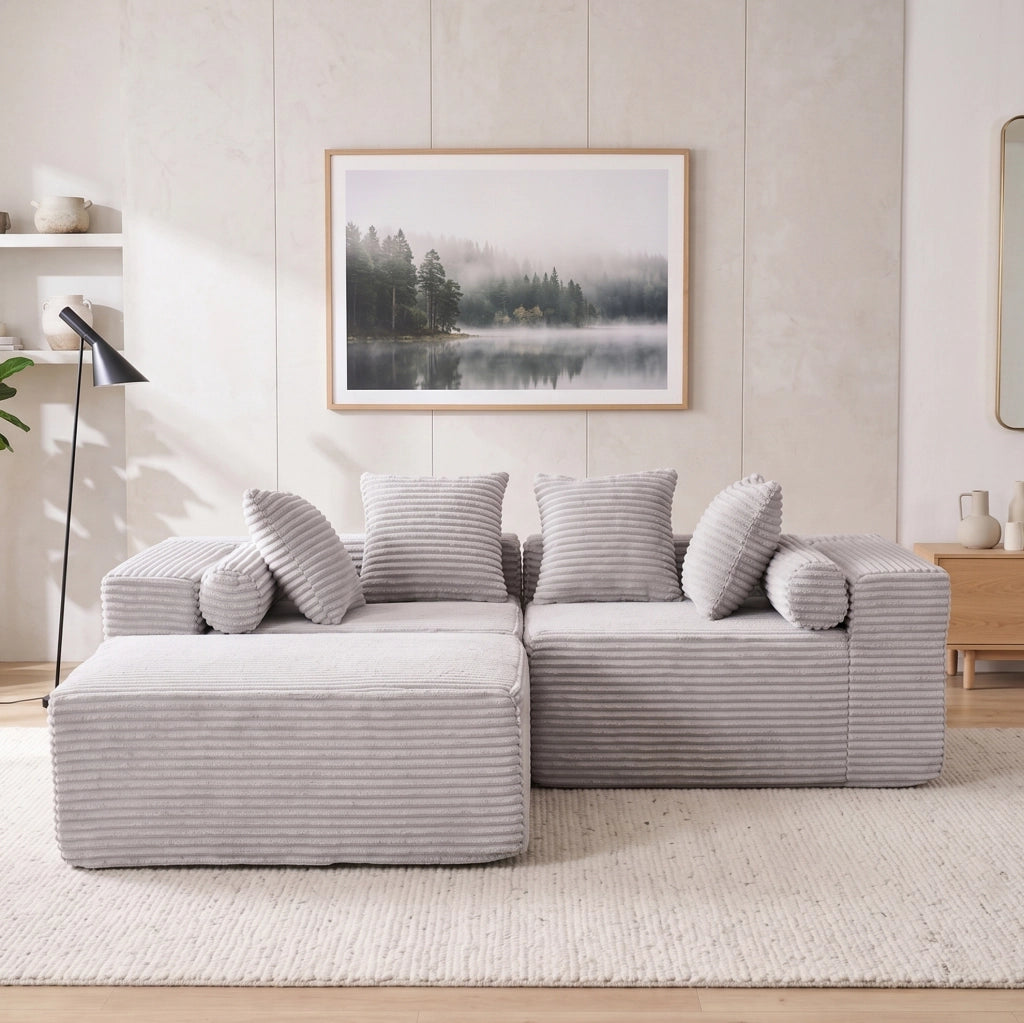 Divano modulare componibile 3 pezzi senza montaggio; chaise longue ampia; grigio