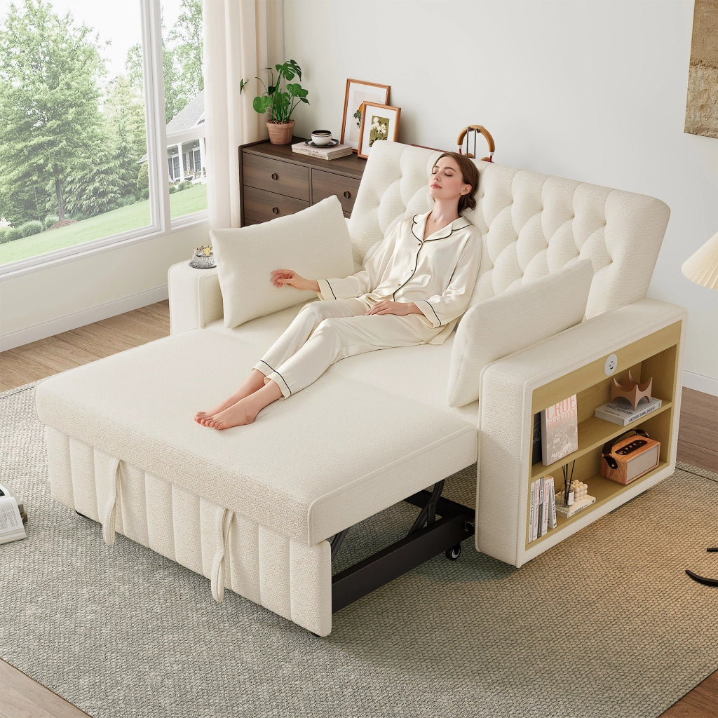 Divano Letto Multifunzionale ¨C MINIMAL ¨C Beige, con Portabicchieri, USB, Cuscini, Contenitore