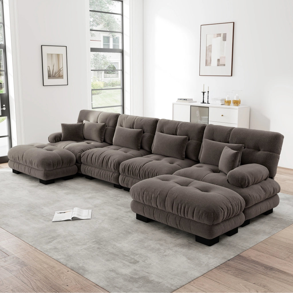 Divano modulare angolare a U in chenille con pouf mobile e cuscini design vintage per soggiorno marrone