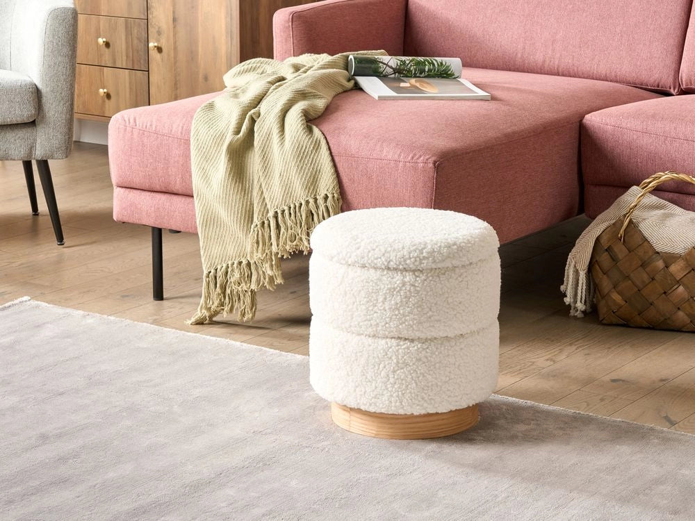 Pouf imbottito in morbido tessuto bouclè bianco con contenitore elegante glamour camera da letto soggiorno