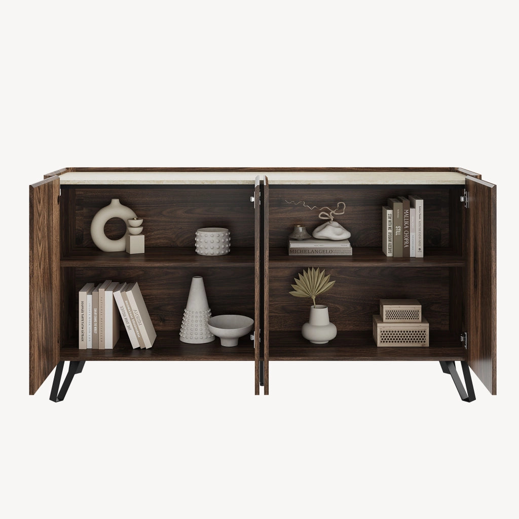 Madia Trorlon a 4 Ante Credenza Buffet 160 x 40 x 83 cm - Effetto Noce/Travertino [en.casa]