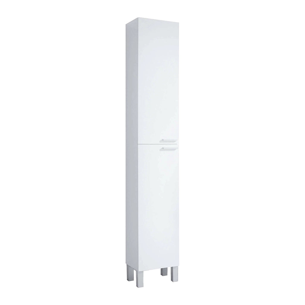 Colonna Bagno Ark, Mobile a colonna per bagno a 2 ante, Armadio pensile sospeso con 2 ripiani, cm 30x25h182, Bianco lucido