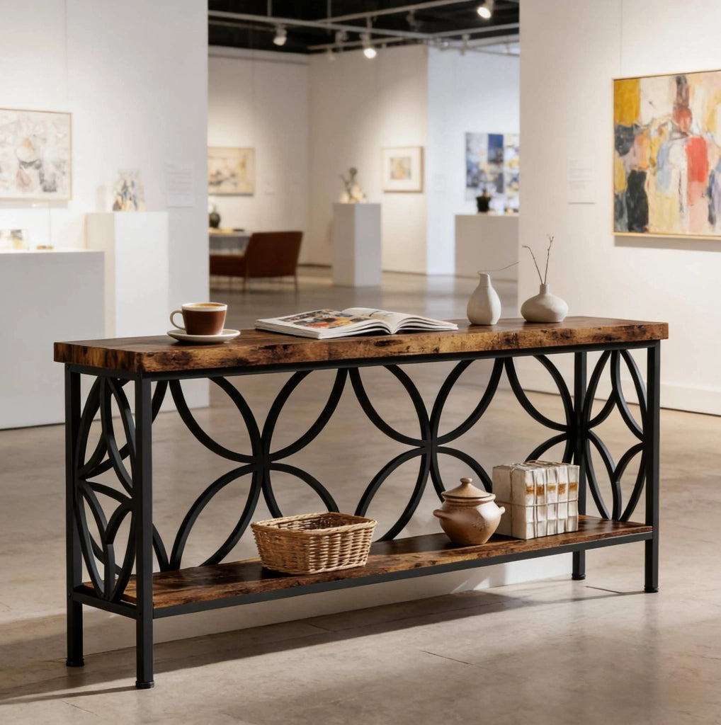 Tavolo consolle industriale con ripiani aperti 160x29;5x80 cm nero e marrone rustico