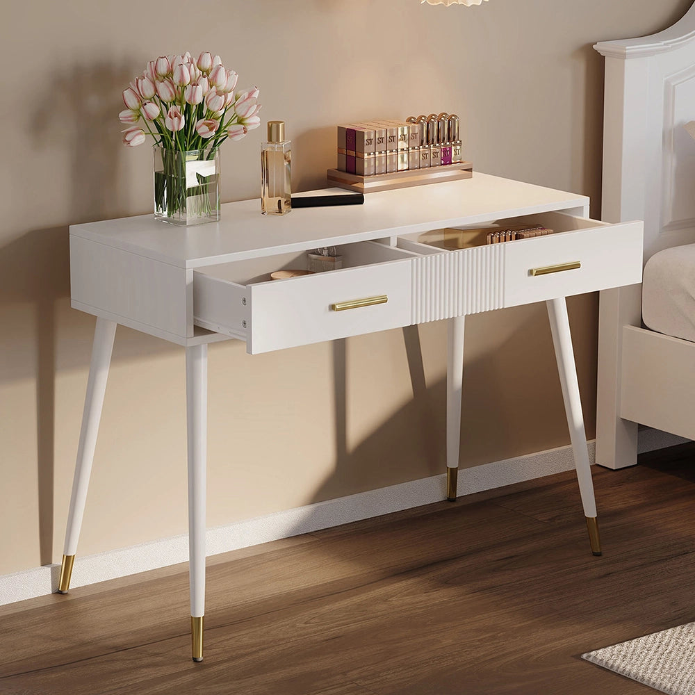 Coiffeuse con 2 cassetti - Xylo - 100x40x76 cm - Bianco - Gambe in metallo