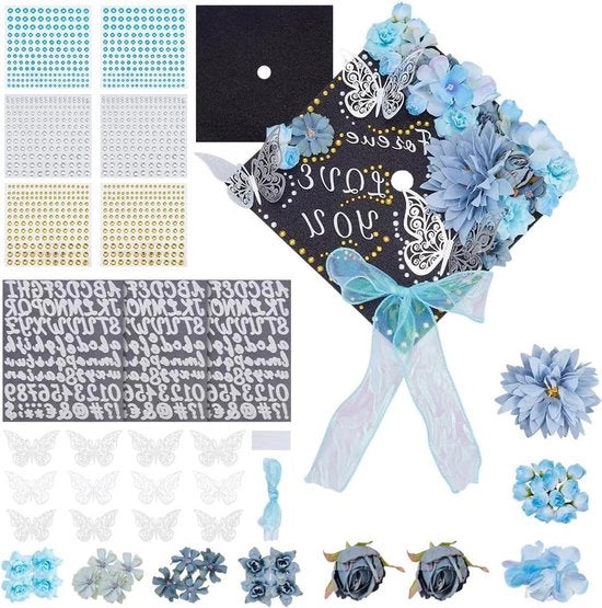 Decorazione per cappelli universitari - Accessori DIY per cappelli blu - Etichette/numeri - Farfalle e fiori artificiali - Laurea