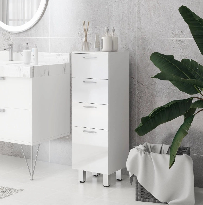 Mobile bagno stretto con 4 cassetti e piedini regolabili 30 x 30 x 93 cm bianco