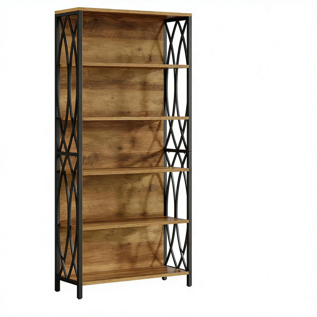 Libreria ULEVR alta 180 cm in MDF e metallo, con decoro a tralci e protezioni laterali, nero e marrone