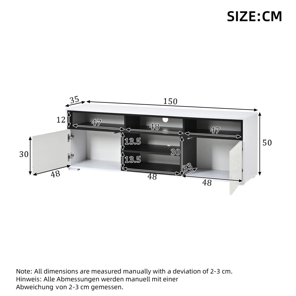 Mobile TV LED 150 x 35 x 50 cm, bianco, in pannello truciolare, con vani portaoggetti, luci LED e portata 30 kg