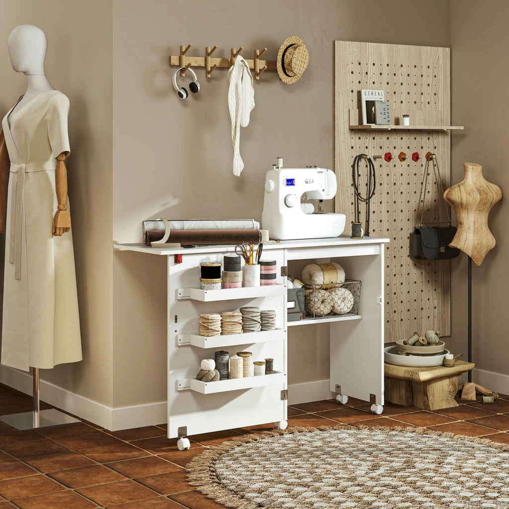 Tavolo da cucito pieghevole con ripiani e ruote ¨C zephmum ¨C bianco 90x60x75