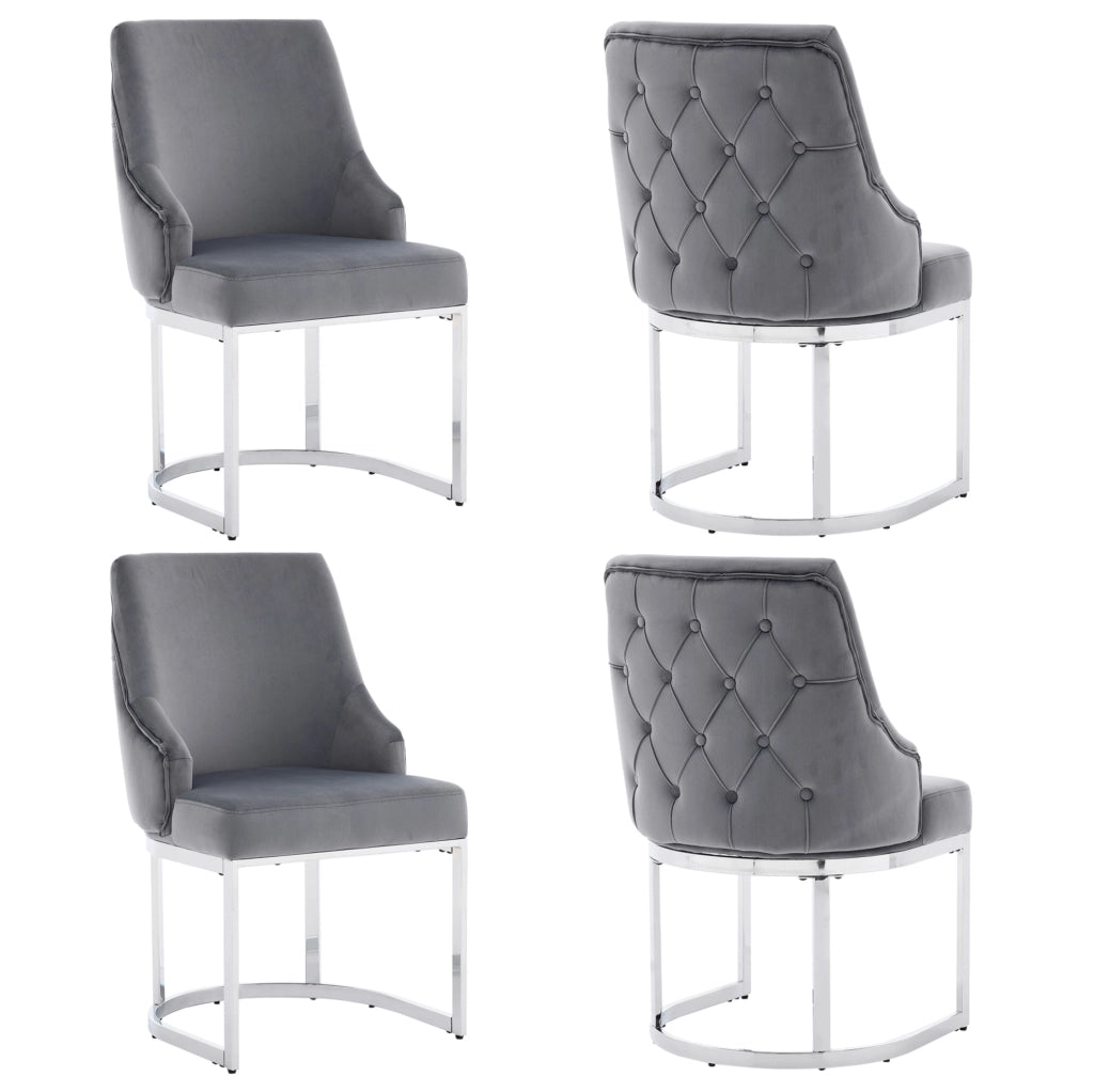 Set di 4 sedie da pranzo 59x55x89 cm con rivestimento in velluto; schienale trapuntato; grigio e argento