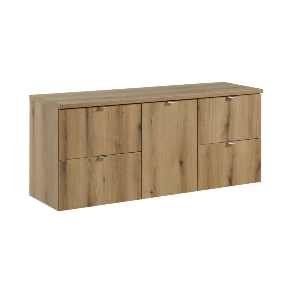 Set da bagno VANO effetto rovere 140cm: mobile sottolavabo con cassetti e cesto per la biancheria integrato + piano per lavabo