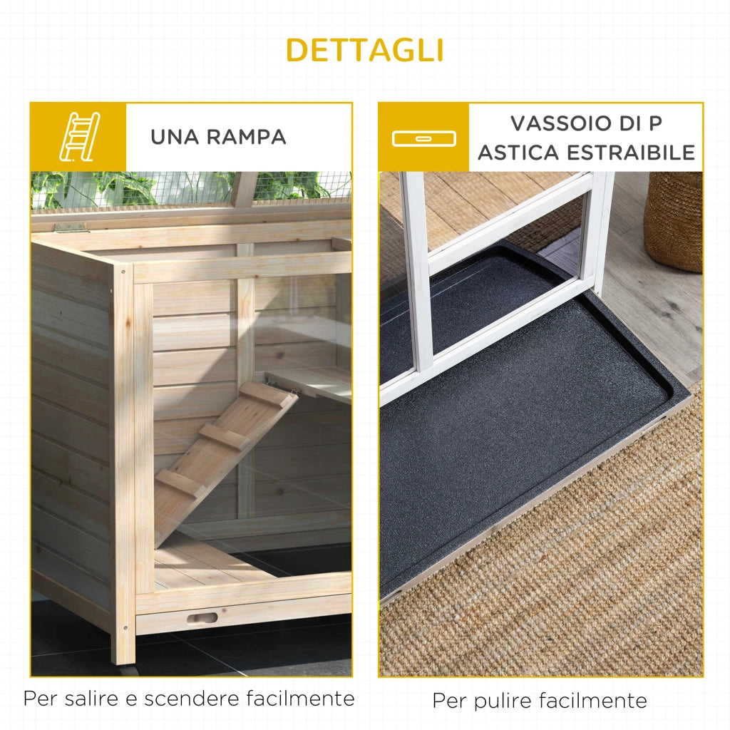 Conigliera in Legno a 2 Piani con Casetta, Rampa e Vassoio Estraibile, 91.5x53.3x73cm