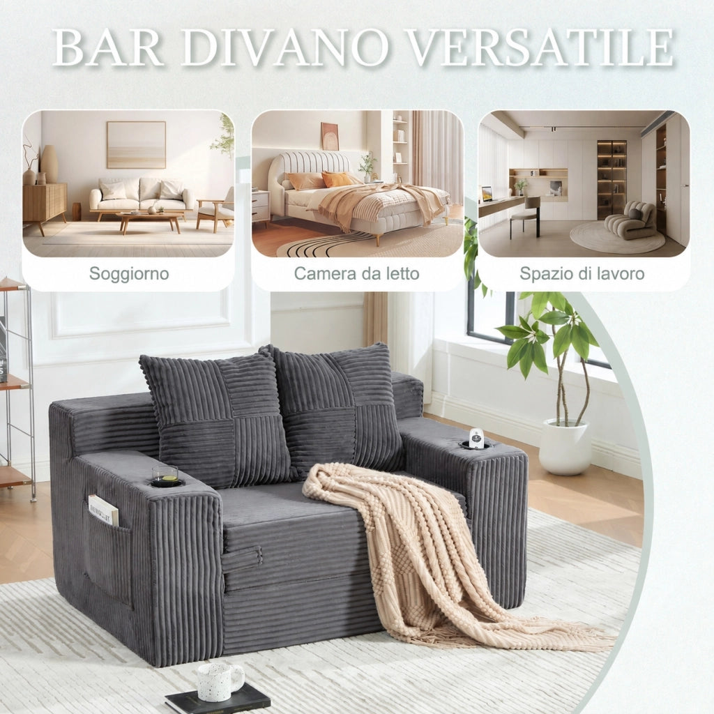 Divano letto matrimoniale due posti grigio in velluto a coste con portabicchiere