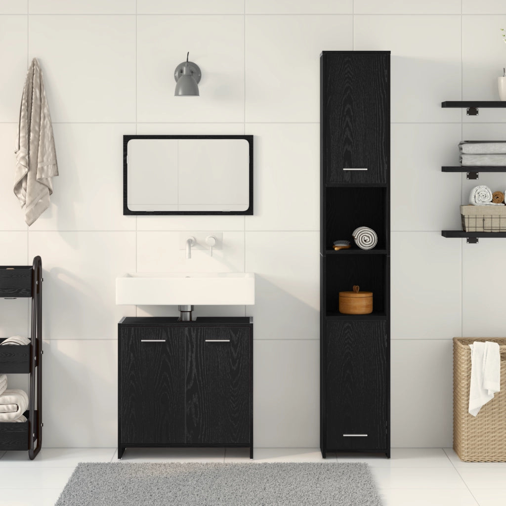 Set di mobili da bagno in 3 pezzi Rovere Nero Legno Ingegnerizzato