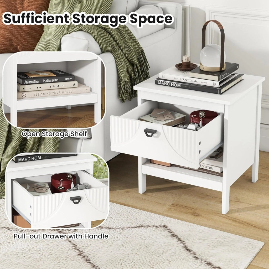 Comodino per camera da letto, tavolino con cassetto e ripiano aperto, cassettiera in legno in stile moderno, mobile di stoccaggio per soggiorno, ufficio, 45 x 40 x 50 cm, bianco