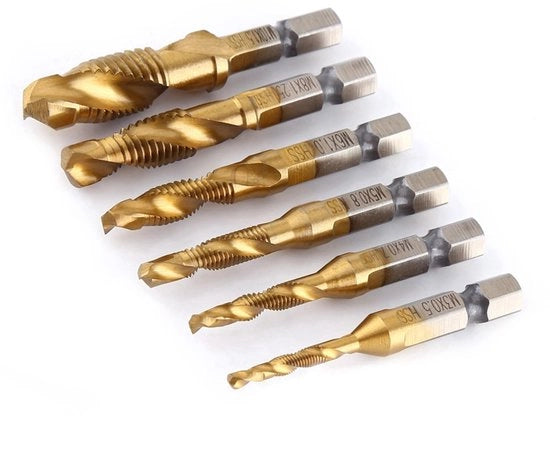 Set di viti a brocca HSS - 6 pezzi - adatto per forare e tappare - diametri M3 a M10 - per metallo e legno