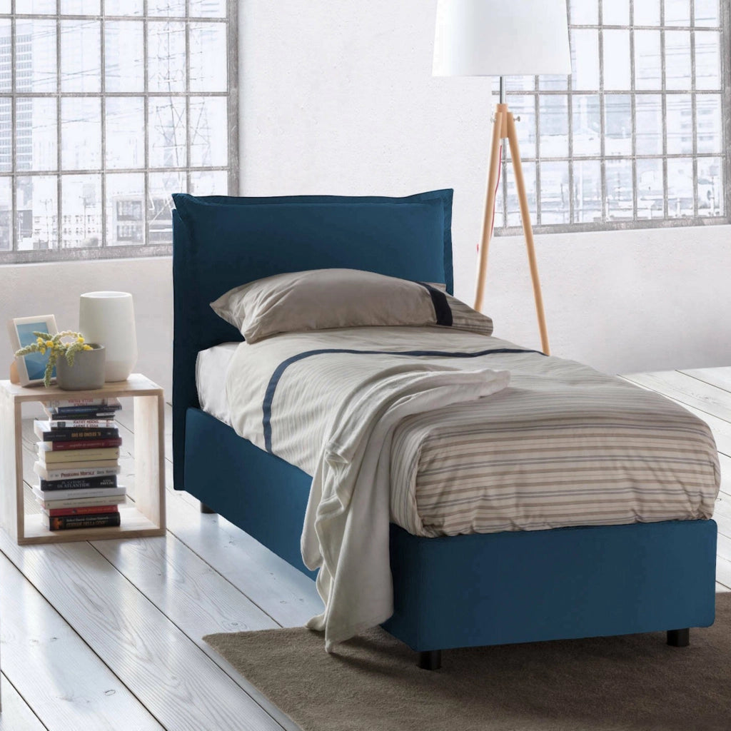 Letto singolo Ancara, Letto contenitore con rivestimento in tessuto, Made in Italy, Apertura frontale, con materasso cm 80x200 incluso, Blu