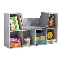 2-in-1 Scaffale per bambini Scaffale + Panca con Cuscino 103 cm × 30 cm × 62 cm Bianco + Grigio