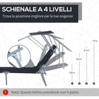 Lettino Prendisole da Giardino Pieghevole e Regolabile con Tettuccio in Tessuto Nero, 187x58x50 cm