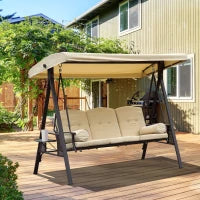 Dondolo da Giardino 3 Posti in Metallo, Dondolo da Esterno con Tetto Inclinabile e Cuscini Imbottiti, 208x121x172 cm, Beige