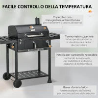 Barbecue a Carbone con Coperchio con Termometro, Griglia Regolabile, Ruote e Tavolini, Nero