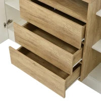 Credenza Moderna con 2 Ante, 2 Ripiani e 3 Cassetti, con Illuminazione a LED, 140x30x77.5 cm, Bianco e Color Legno Naturale