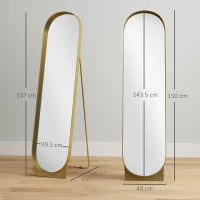 Specchio da Terra Moderno con Telaio in Metallo Autoportante o da Parete, 40x150 cm, Oro