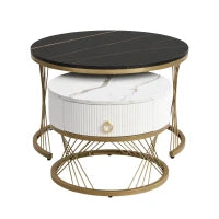 Tavolini Rotondi Modulari in Marmo Sintetico, con Dettagli Dorati e Cassetto, Dimensioni 70x70x45 cm e 50x50x40 cm, Nero e Bianco