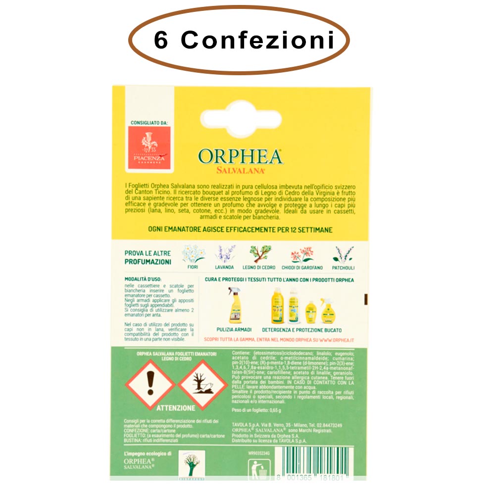 Orphea salvalana foglietti per cassetti e armadi profumo legno di cedro 6 confezioni da 12 foglietti