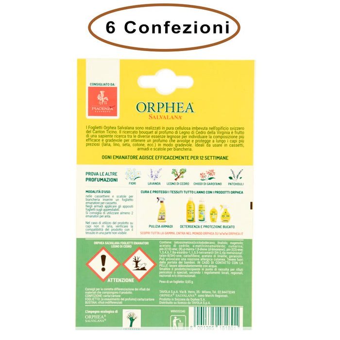 Orphea salvalana foglietti per cassetti e armadi profumo legno di cedro 6 confezioni da 12 foglietti