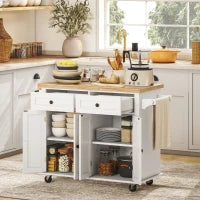 Carrello da Cucina con 2 Cassetti e 2 Armadietti, Isola da Cucina con Piano in Legno, Portaspezie e Porta Canovacci, Bianco