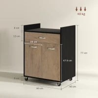 Carrello da Cucina con Cassetto, Armadietto e 4 Ruote in Legno, 60x40x77cm, Nero