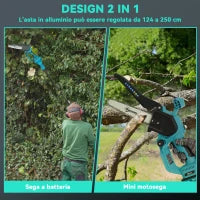 Motosega a Batterie 2 in 1 con Palo Telescopico, Motore Brushless, 2 Batterie e Blocco di Sicurezza, Blu