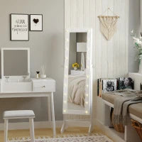 Armadio Portagioielli Portagioie Specchio Regolabile 20 Luci LED, Legno, Bianco, 40x37x146 cm