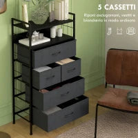 Cassettiera 5 Cassetti Moderna in Tessuto non Tessuto, Acciaio e MDF, 58x30x120 cm, Nera